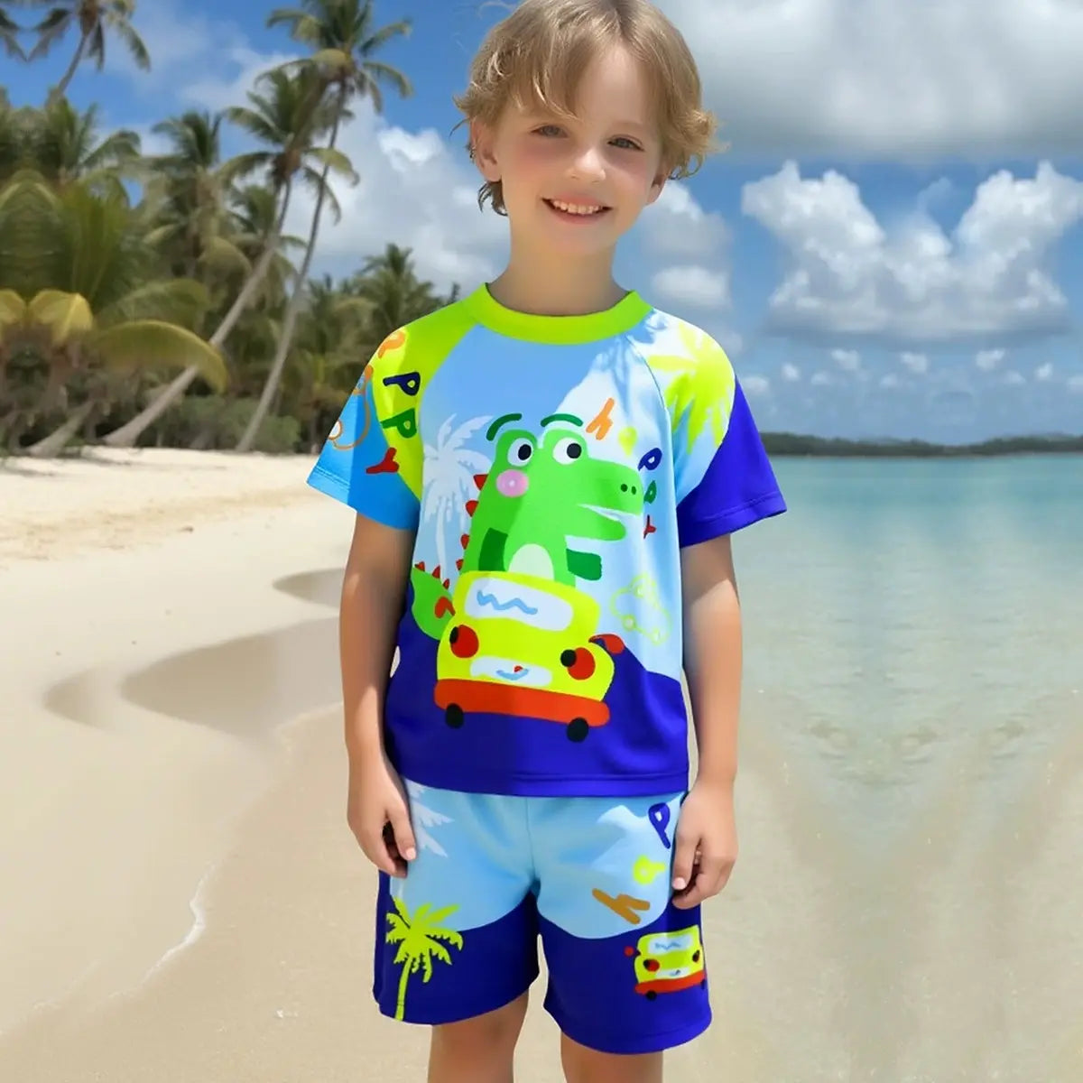 Boys Sky Blue Car Printed Short Sleeves T-Shirt & Shorts With Cap Swimsuit Sets Sets