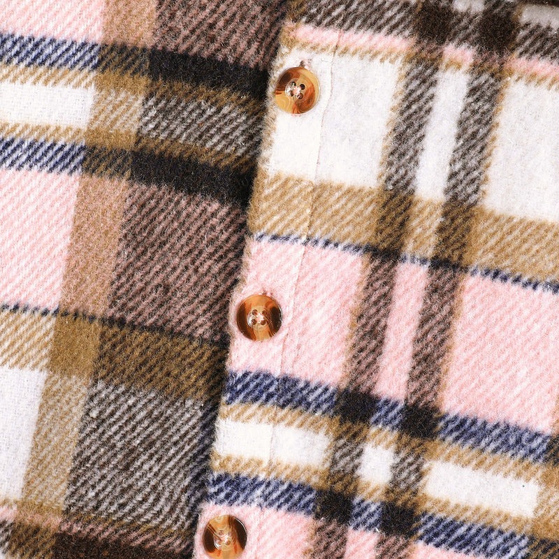 Girls Brown Flannel Checkered Full Sleeves Shacket Coats & Jackets