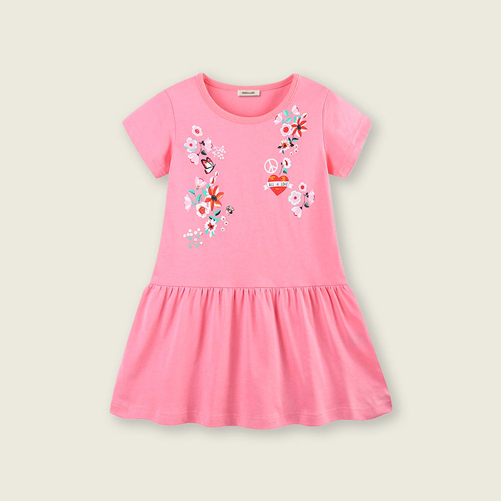 Girls Floral Print Short Sleeve Dress Casual Dresses Pink 1-2 Y 