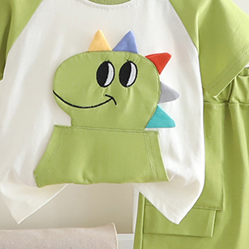 Boys Green Dino Patchwork Raglan Sleeve T-shirt with Shorts Set Sets