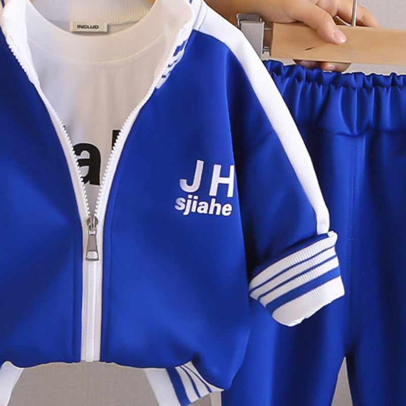 Boys Blue Typographic Printed Zipper Jacket With T-Shirt & Joggers Set Sets