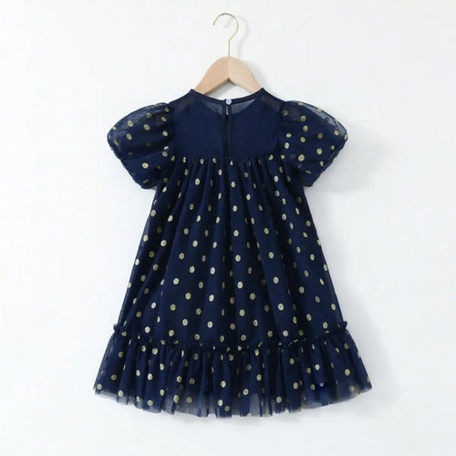 Girls Navy Blue Polka Dot Print A-line Dress With Ruffle Hem Casual Dresses