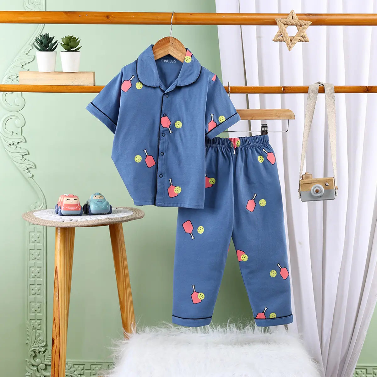 Girls Blue Printed Short Sleeve Shirt With Printed Pyjama Sets Sets Blue 6-9 M