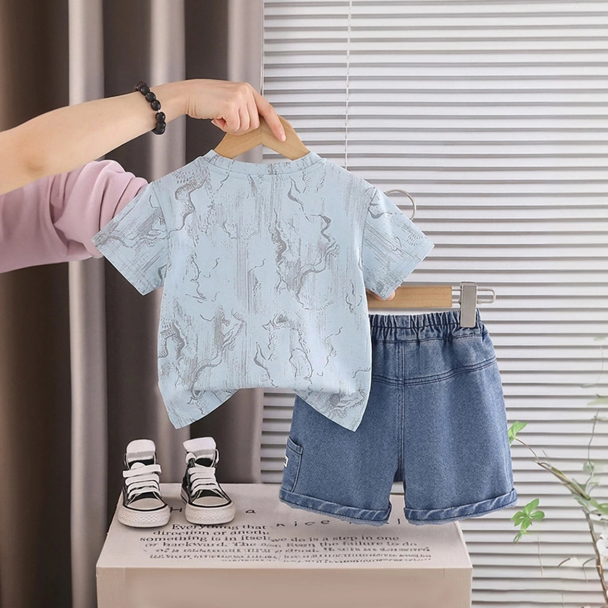 Boys Light Blue Typographic Printed Short Sleeve T-Shirt With Denim Shorts Sets 2 pc. Sets