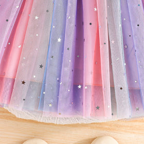 Girls Peach Star Printed Flutter Sleeves Dress Casual Dresses