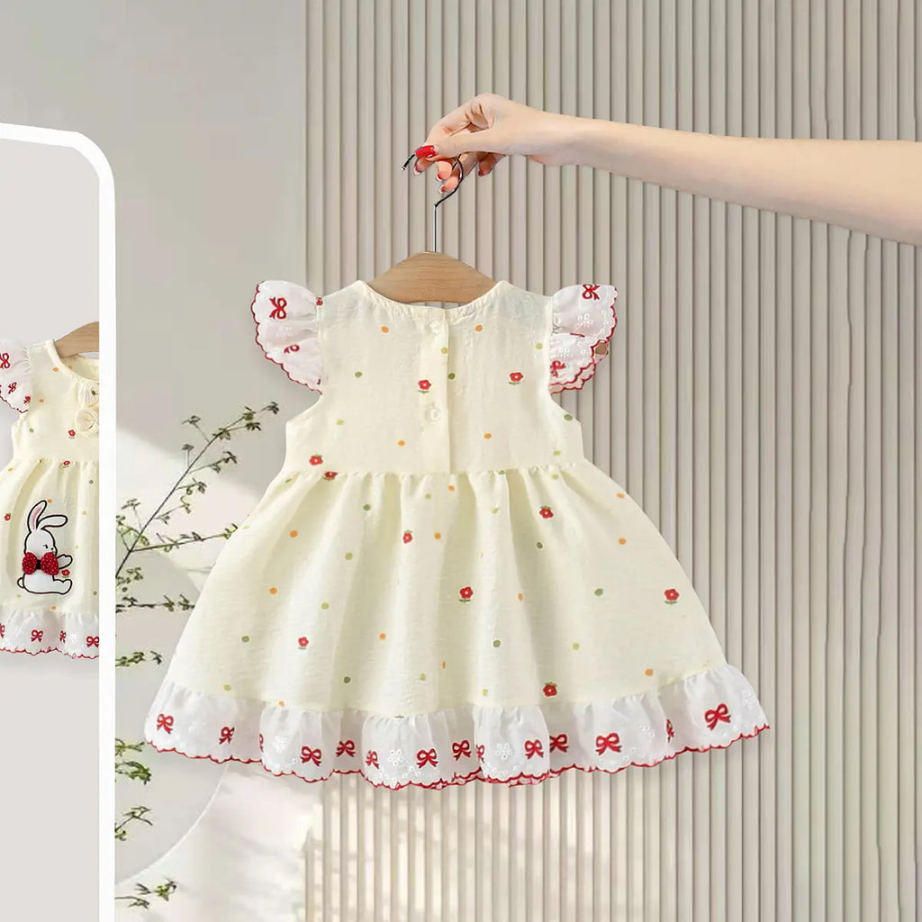 Girls Cream Polka Dot Print Fit & Flare Dress With Bunny Embroidery Casual Dresses