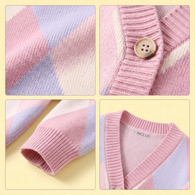 Girls Multicolour Diamond Jacquard Long Sleeve Cardigan Sweaters & Cardigans