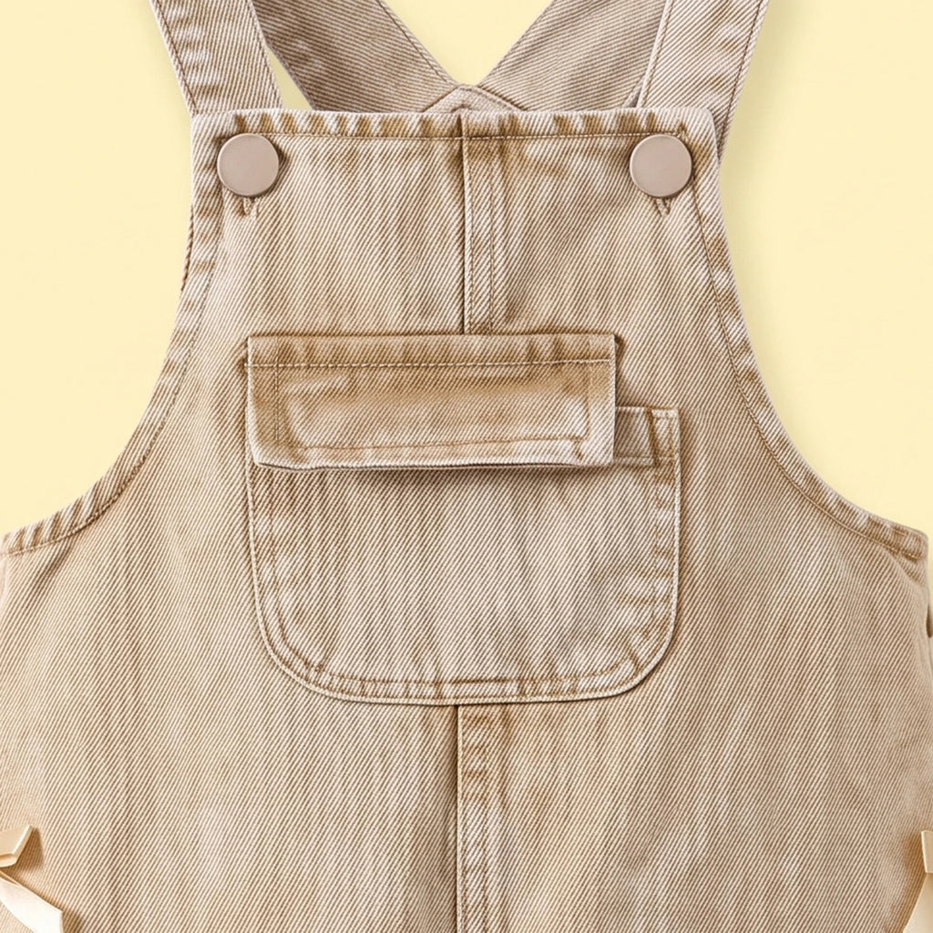 Girls Khaki Denim Bow Applique Dungaree Jumpsuits