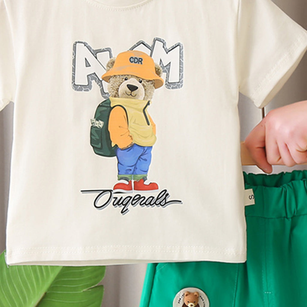 Boys Beige Teddy With Bag Pack Printed T-Shirt With Shorts set 2 pc. Sets