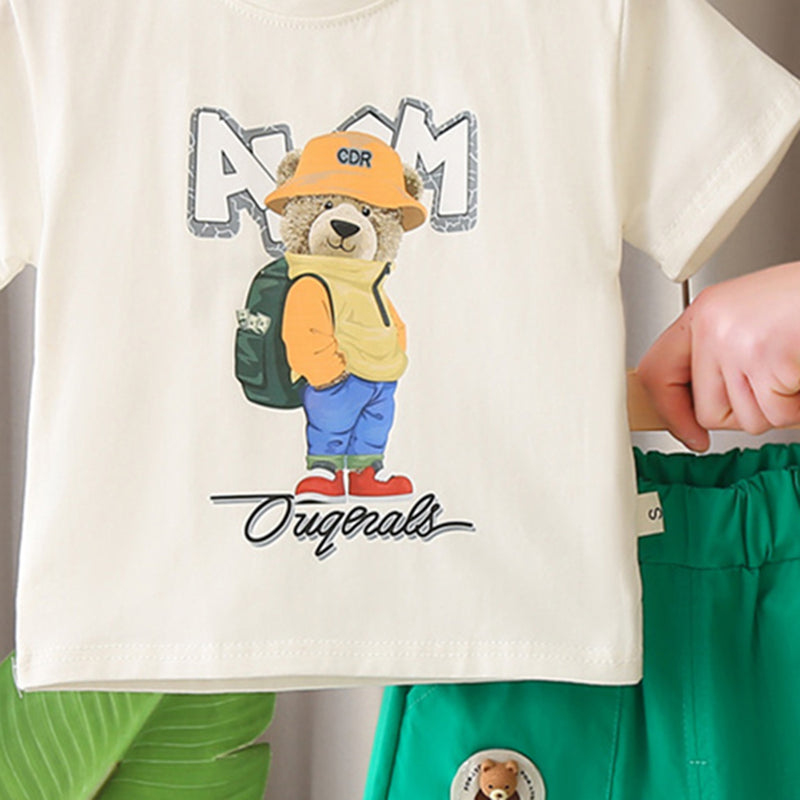 Boys Beige Teddy With Bag Pack Printed T-Shirt With Shorts set 2 pc. Sets
