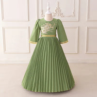 Girls Green Embroidered Maxi Dress With Three-quarter Sleeves Casual Dresses Green 3-4 Y