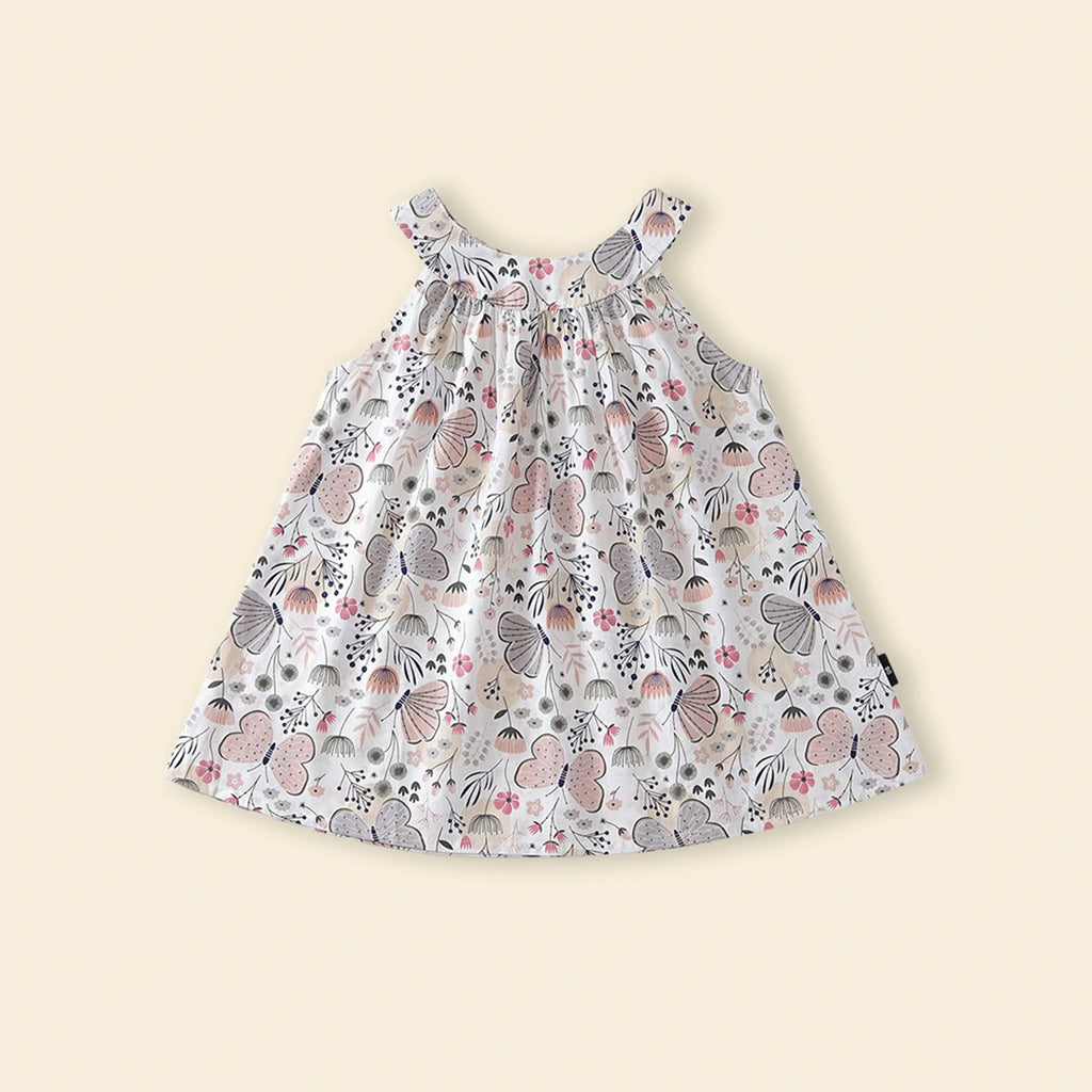 Girls Off White Butterfly Printed Round Neck A-line Dress Casual Dresses