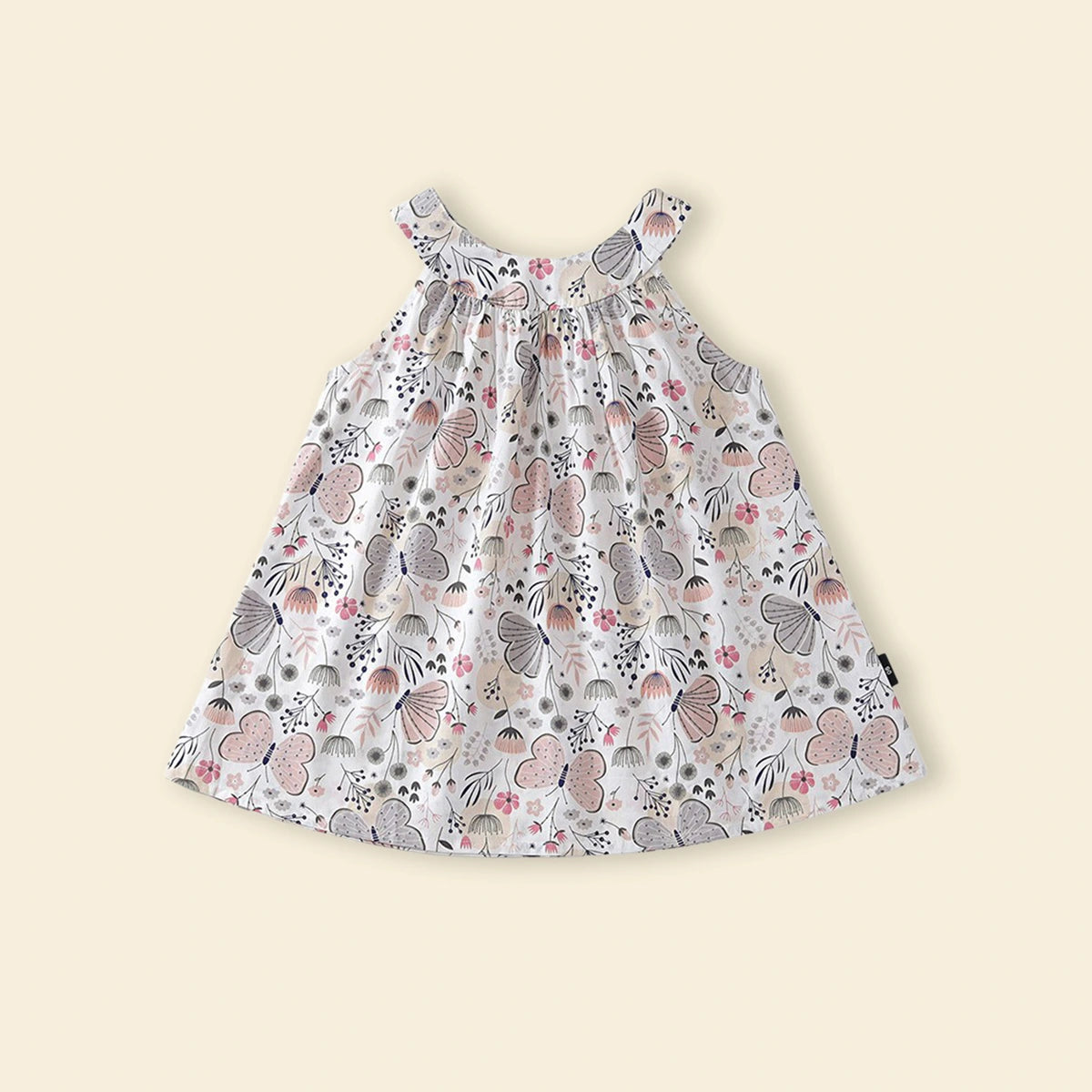 Girls Off White Butterfly Printed Round Neck A-line Dress Casual Dresses