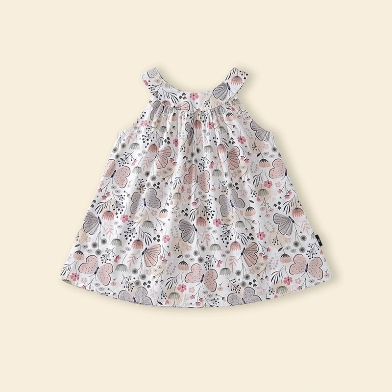 Girls Off White Butterfly Printed Round Neck A-line Dress Casual Dresses