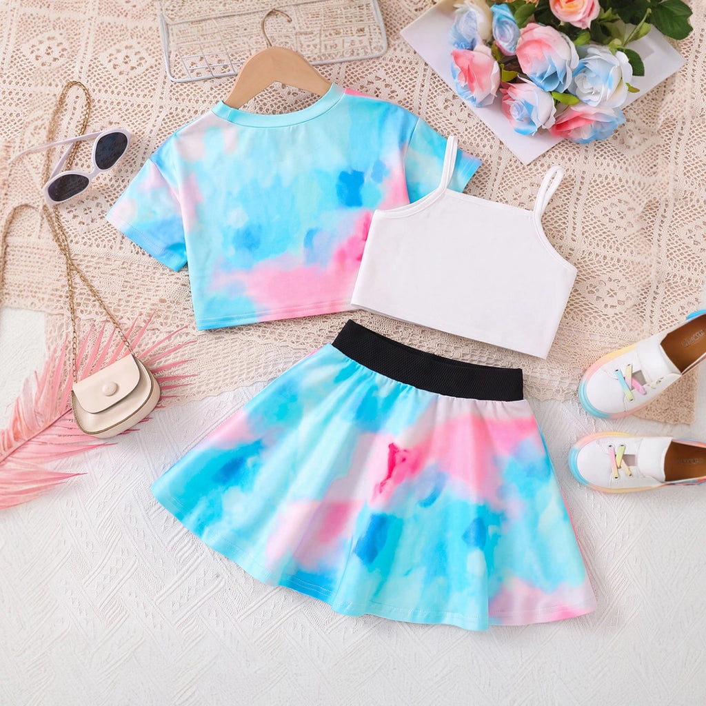 Girls Multicolour Tie & Dye Print Shrug With Cami Top & Skirt Sets 3 pc. Sets