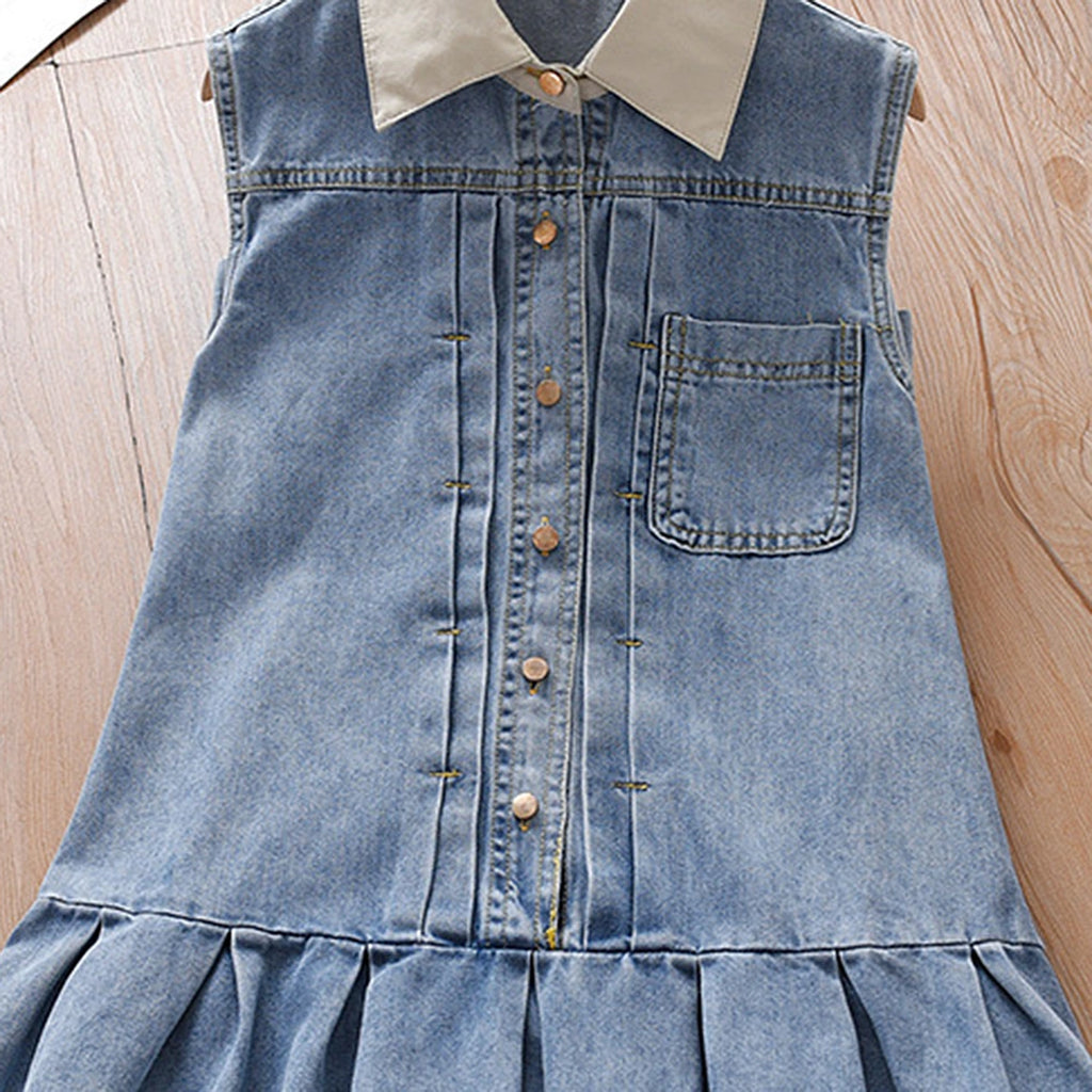 Girls Blue Sleeveless A-Line Denim Dress Casual Dresses
