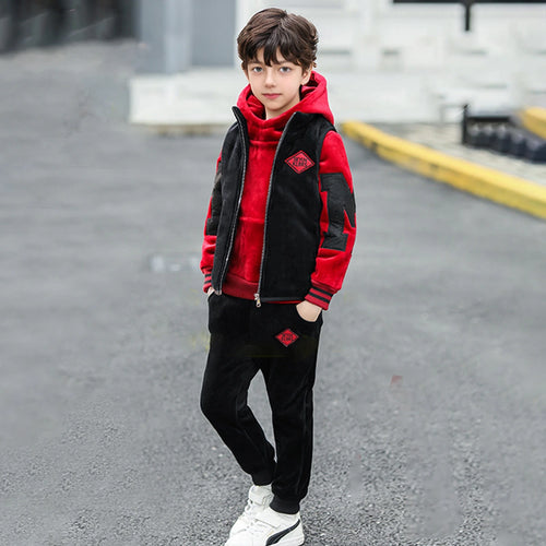 Boys Red Patch Embroidered Hoodie With Sleeveless Jacket & Jogger Sets Sets Red 5-6 Y