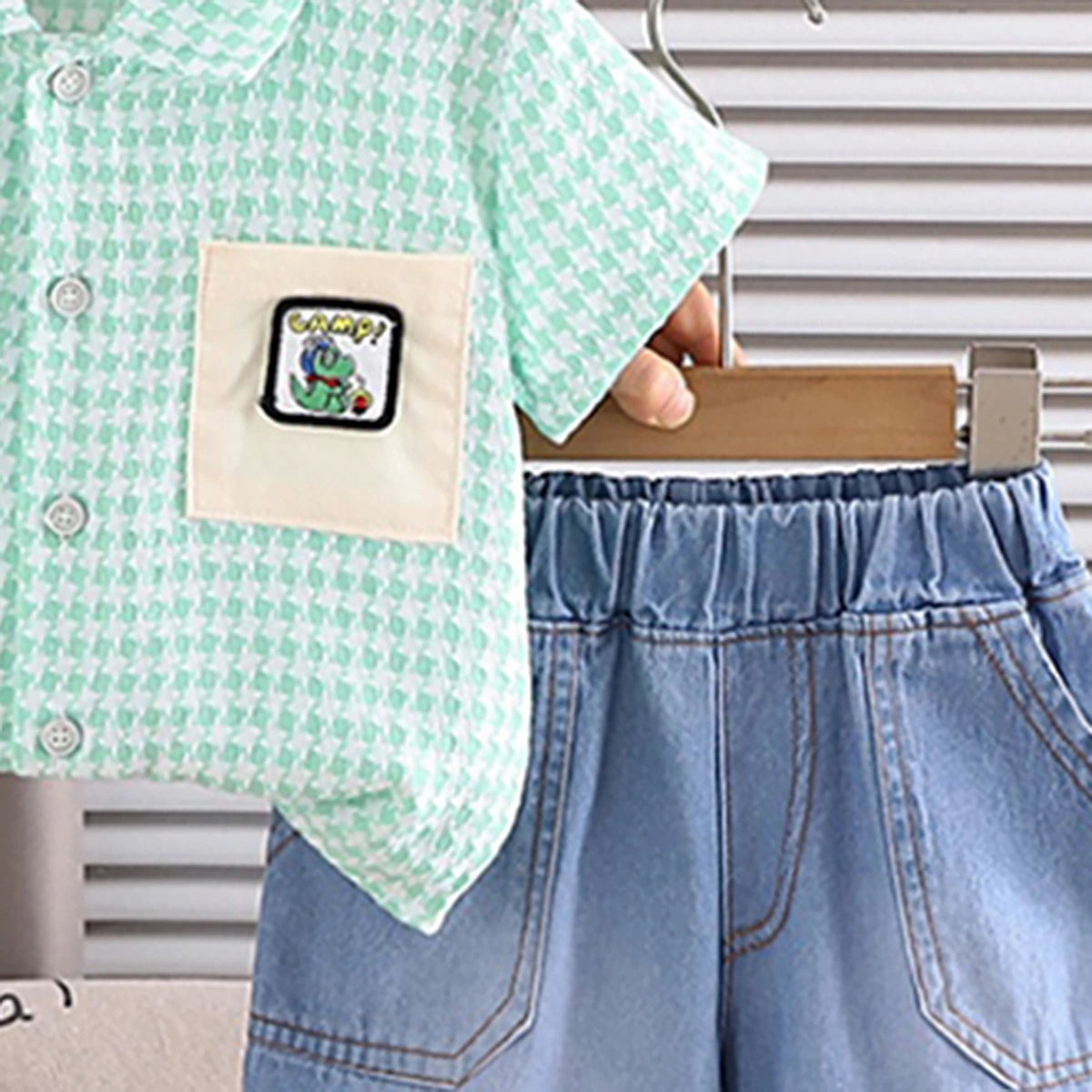 Boys Green Checked Button-Down Shirt With Denim Shorts Set Sets