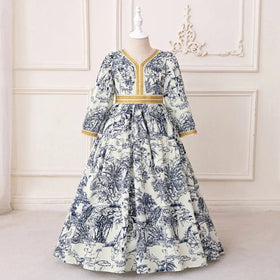 Girls Blue Tropical Printed Fit & Flare Dress With Long Sleeves Casual Dresses Blue 3-4 Y