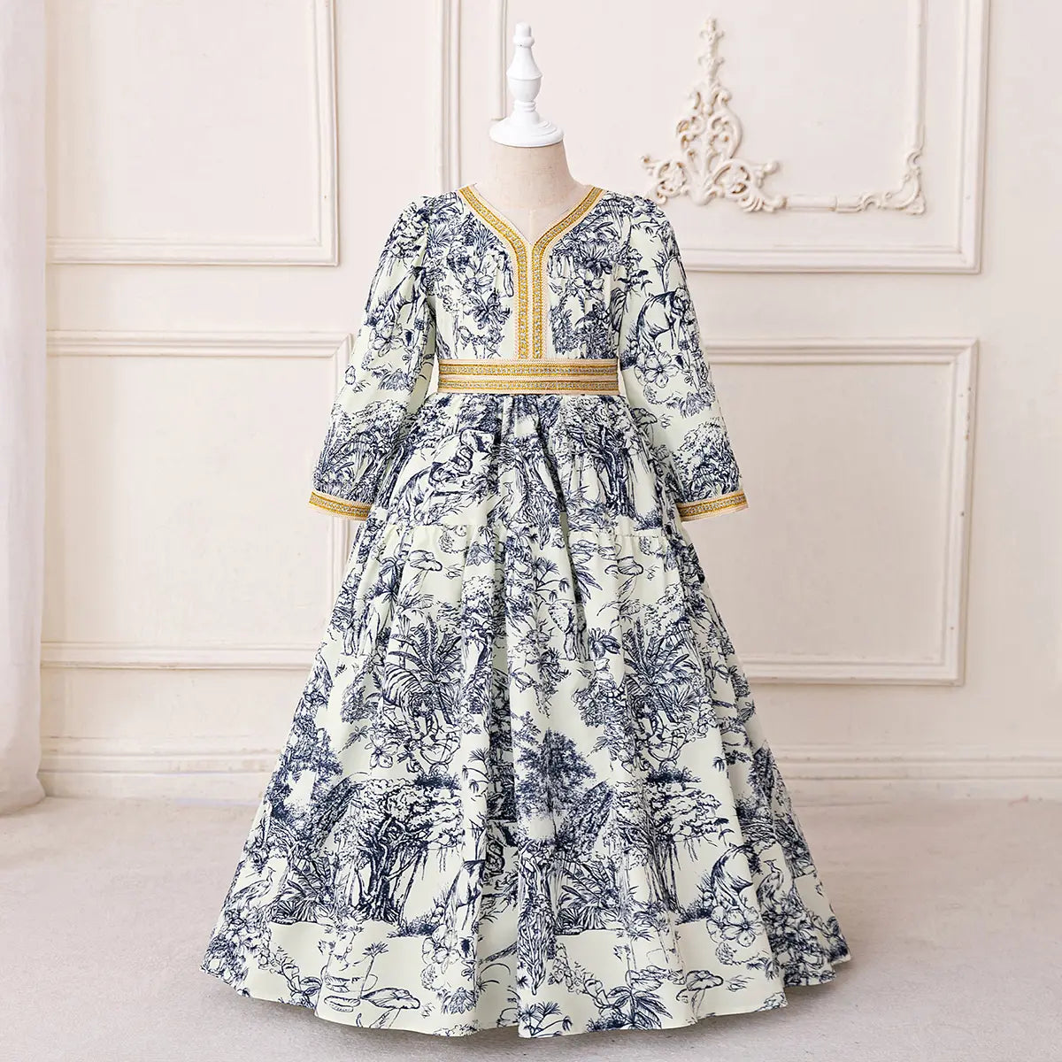 Girls Blue Tropical Printed Fit & Flare Dress With Long Sleeves Casual Dresses Blue 3-4 Y