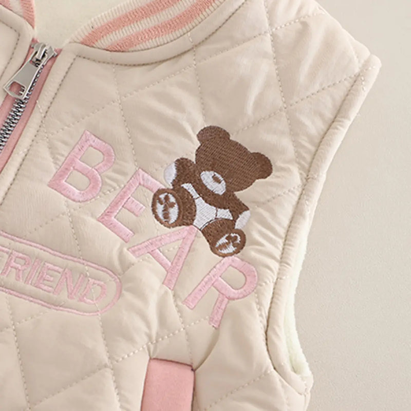 Girls Pink Embroidered Regular Sweatshirt With Sleeveless Jackets, Pants & Bag Sets 4 pc. Sets