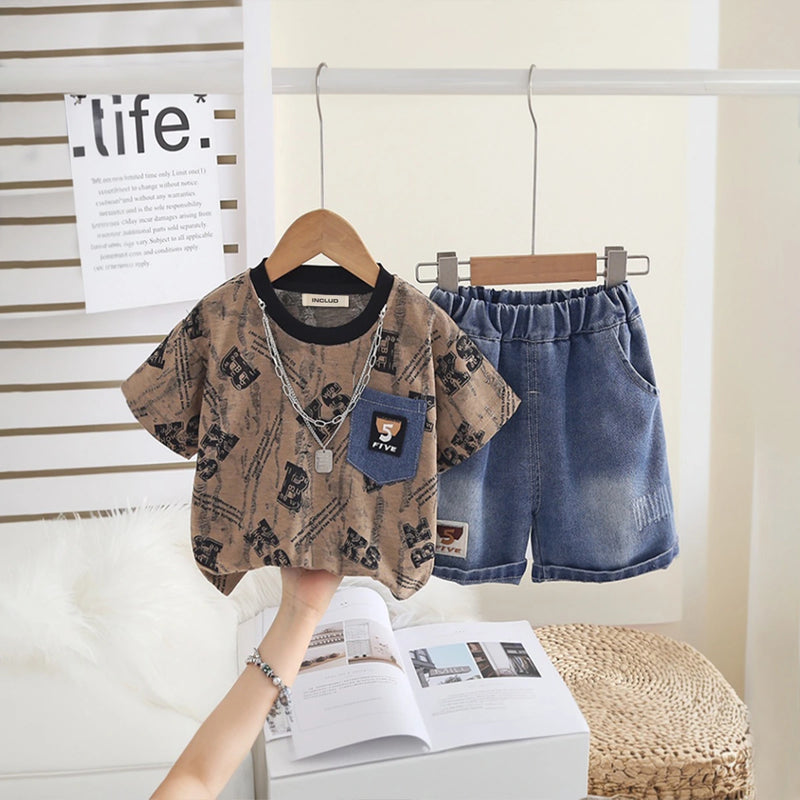 Boys Brown Typographic Print T-Shirt With Denim Shorts Set Sets Brown 1-2 Y