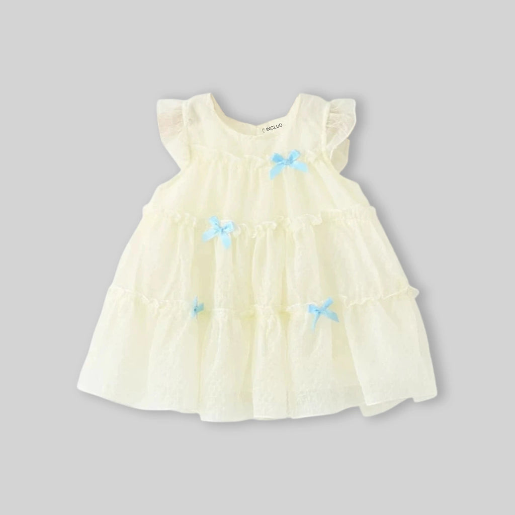 Girls Beige Bow Applique Tiered A-line Dress Casual Dresses