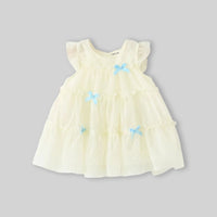 Girls Beige Bow Applique Tiered A-line Dress Casual Dresses