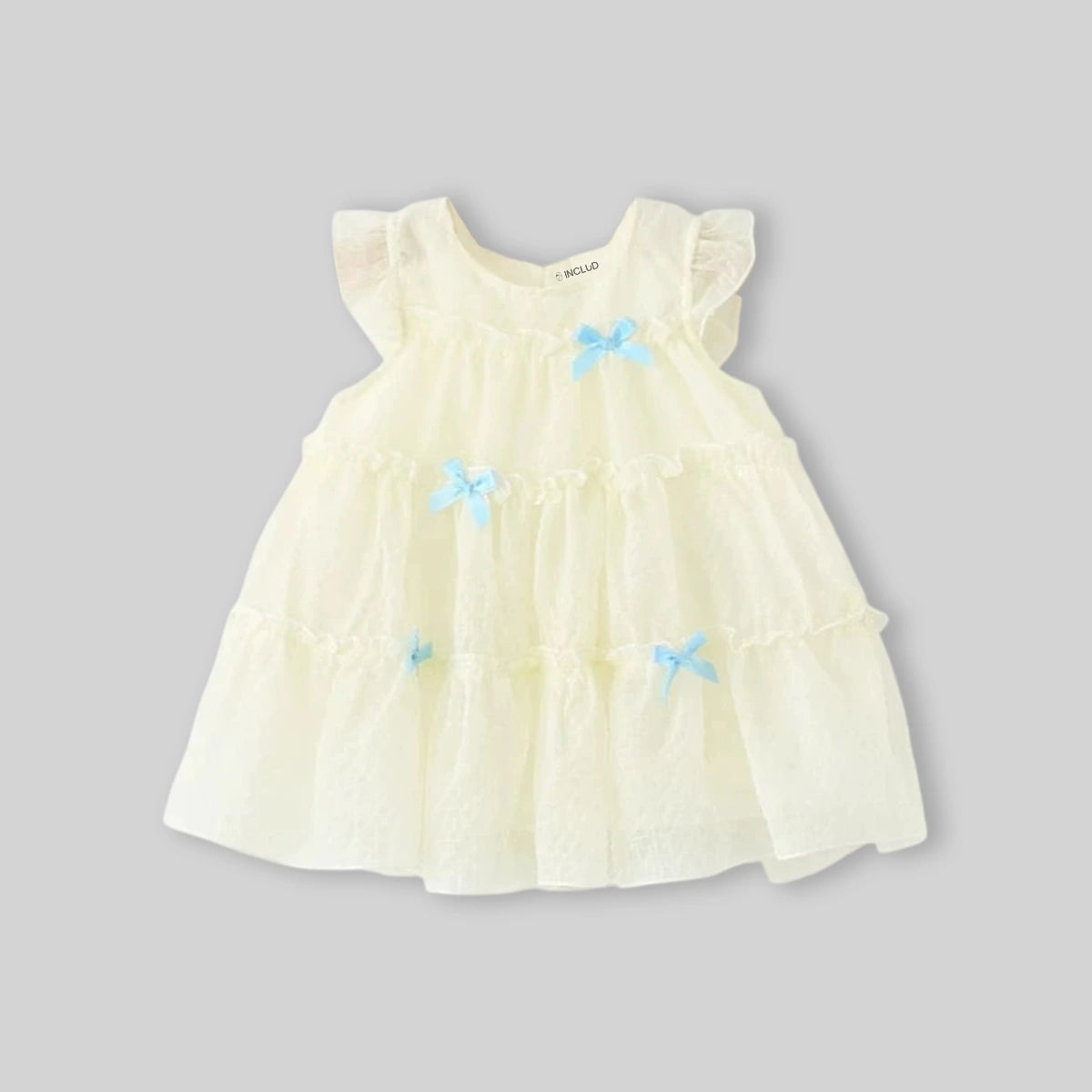 Girls Beige Bow Applique Tiered A-line Dress Casual Dresses
