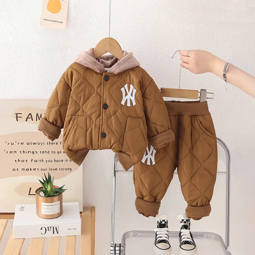 Boys Brown Long Sleeve Quilted Hooded Jacket With Trouser Sets 2 pc. Sets Brown 1-2 Y