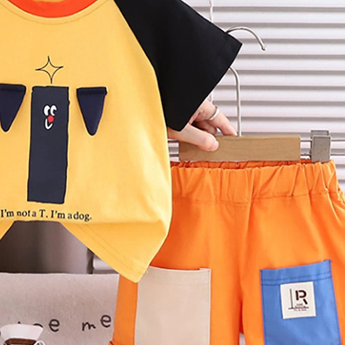Boys Yellow Dog Applique Raglan Sleeve T-Shirt With Double Pockets Shorts Sets Sets