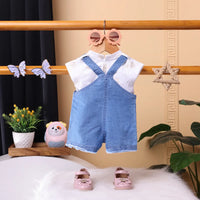 Girls Light Blue Denim Dungaree Printed Short Sleeve T-Shirt Sets 2 pc. Sets