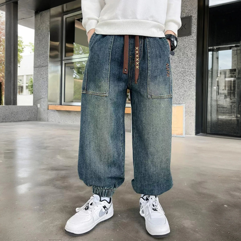 Boys Light Blue Denim Joggers With Front Patch Pockets Pants Light Blue 5-6 Y