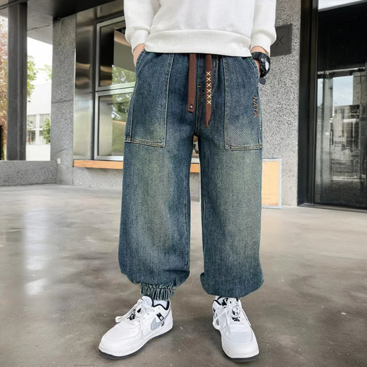 Boys Light Blue Denim Joggers With Front Patch Pockets Pants Light Blue 5-6 Y