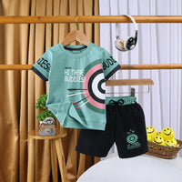 Boys Green Typographic Printed Short Sleeve T-shirts With Elasticated Shorts Sets Sets Green 1-1.5 Y