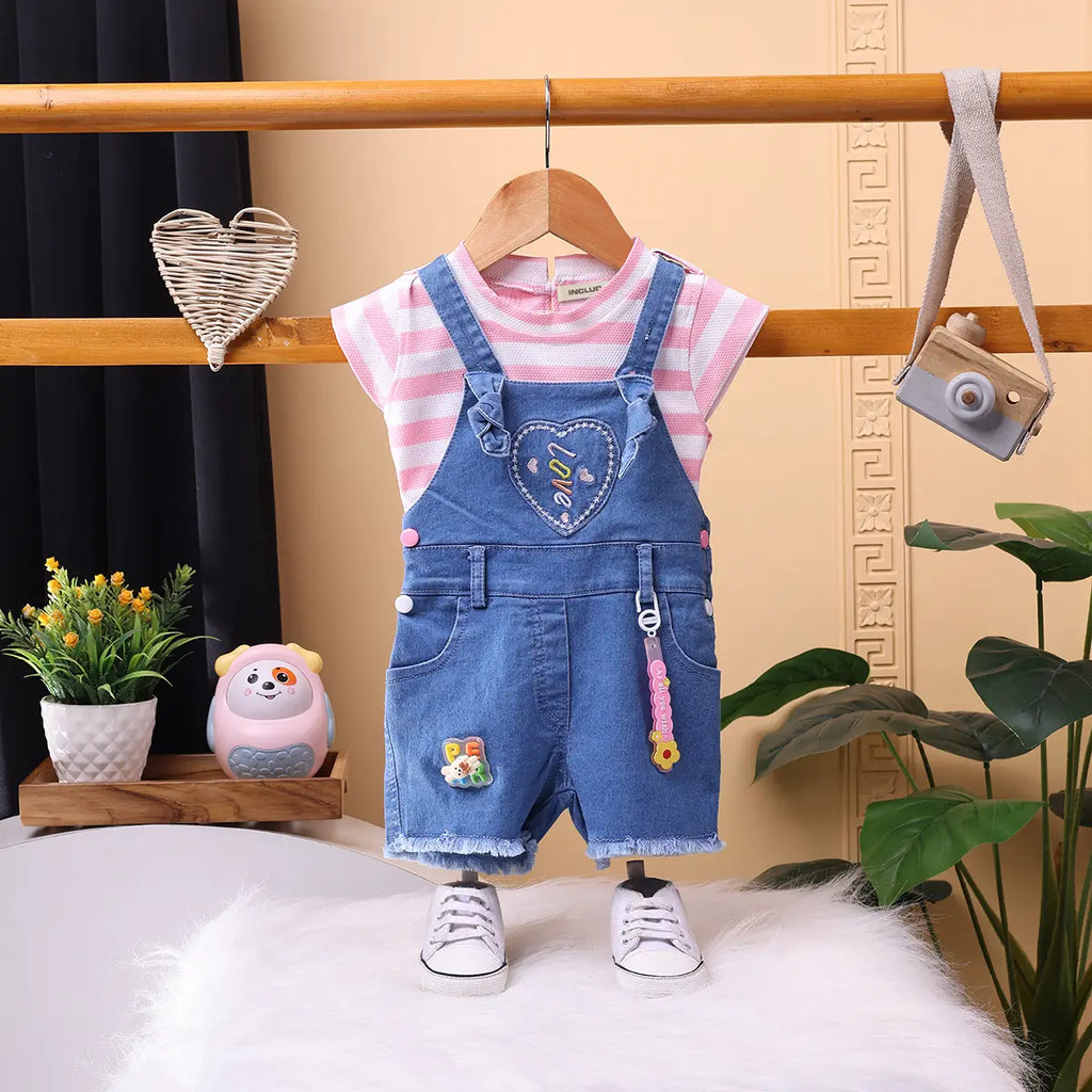 Girls Pink Stripe T-Shirt With Heart Embroidered Dungaree Sets 2 pc. Sets Pink 9-12 M
