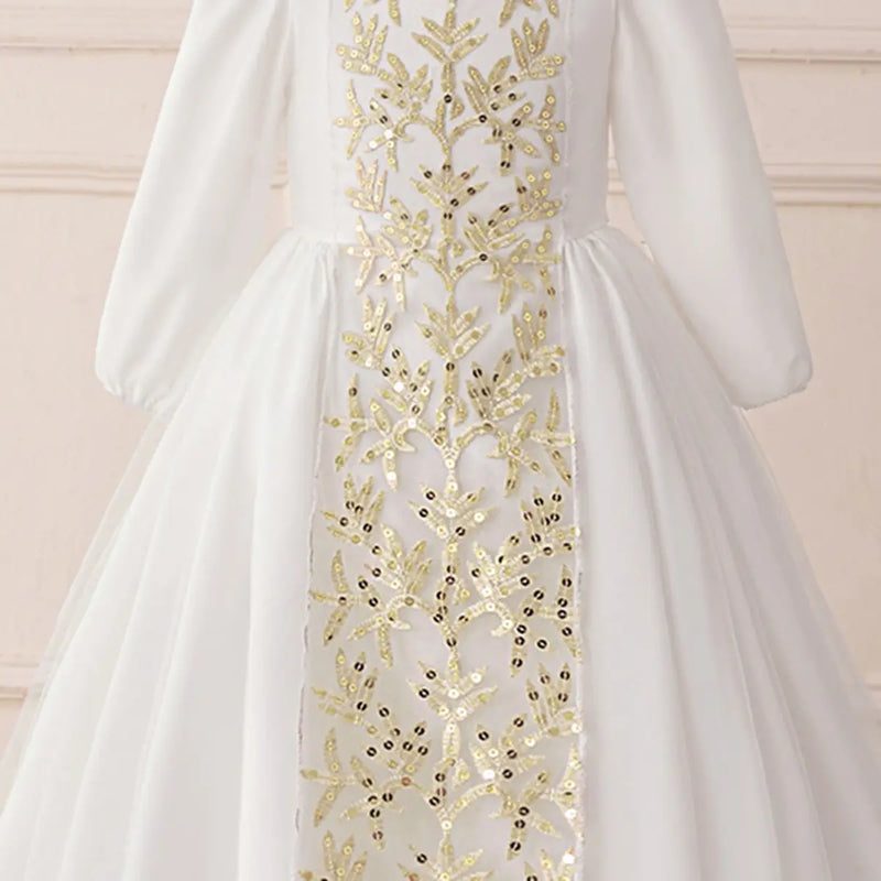 Girls White Embroidered Puff Sleeves Maxi Dress Casual Dresses