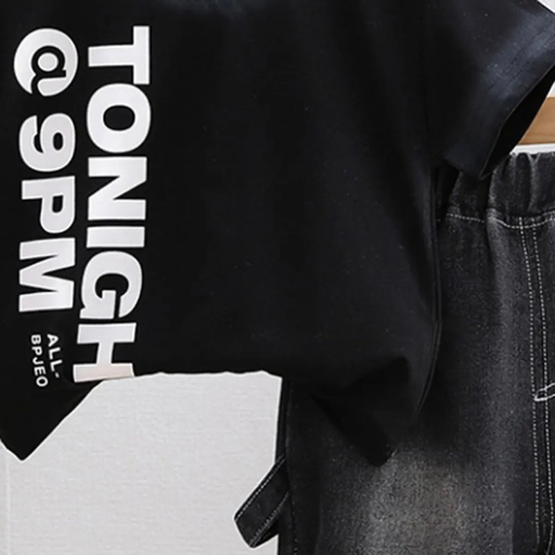 Boys Black Typographic Print T-Shirt With Denim Shorts Set Sets