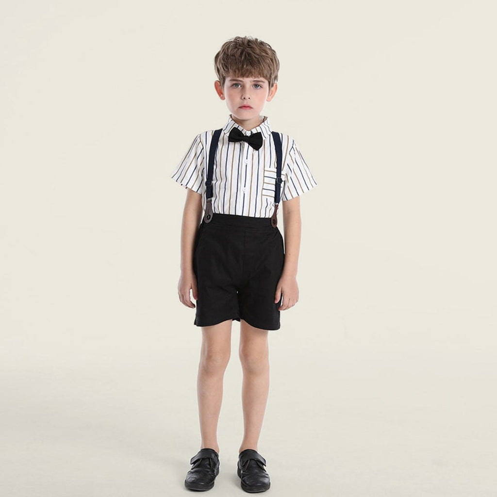 Boys Stripe Shirt With Bow & Shorts With Suspender Set