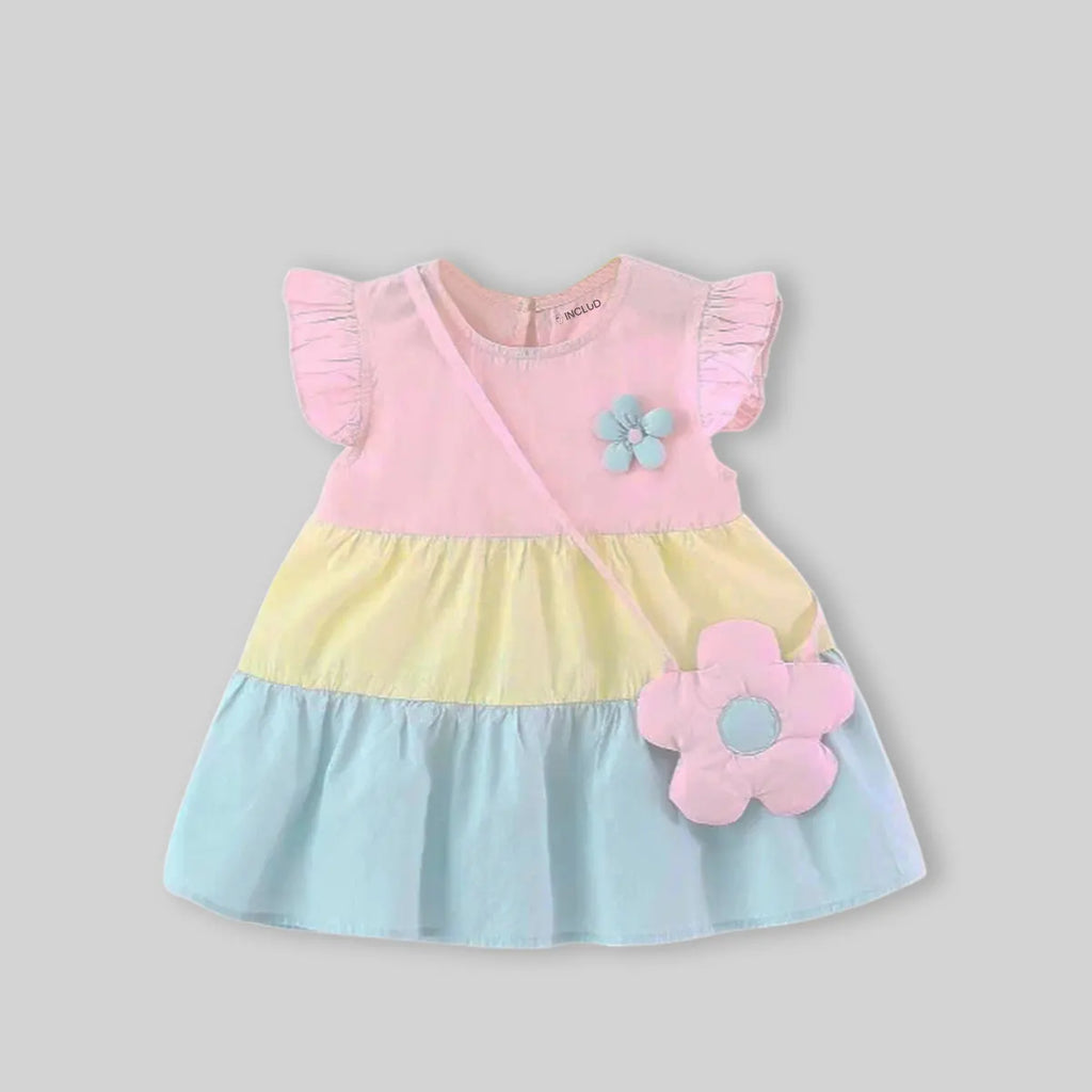 Girls Multicolor Flutter Sleeves Tiered Dress With Floral Sling Bag Casual Dresses
