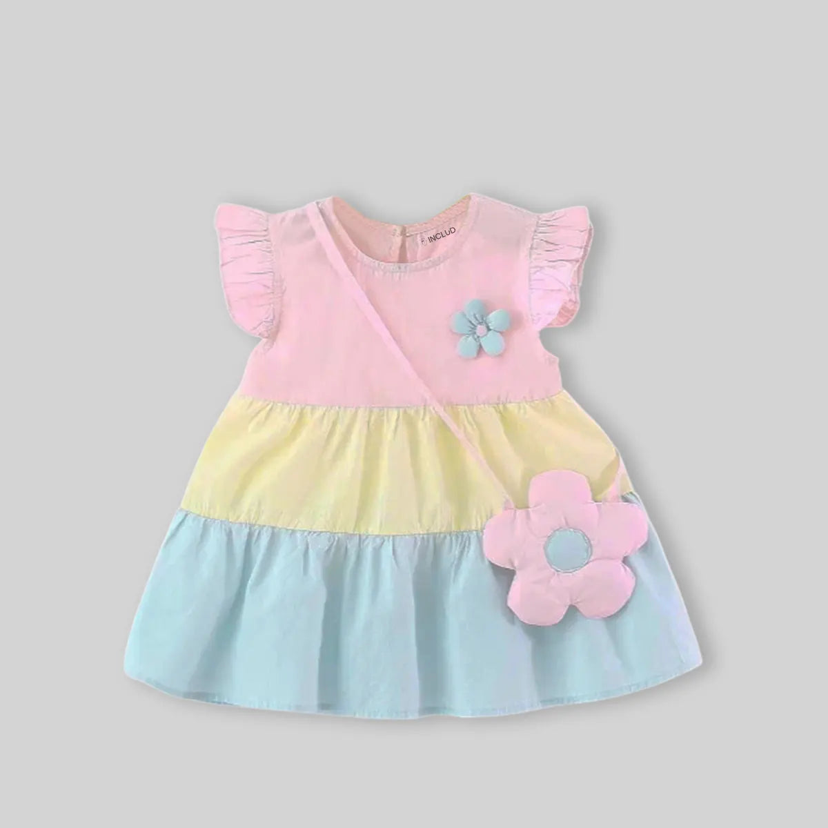Girls Multicolor Flutter Sleeves Tiered Dress With Floral Sling Bag Casual Dresses