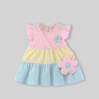 Girls Multicolor Flutter Sleeves Tiered Dress With Floral Sling Bag Casual Dresses
