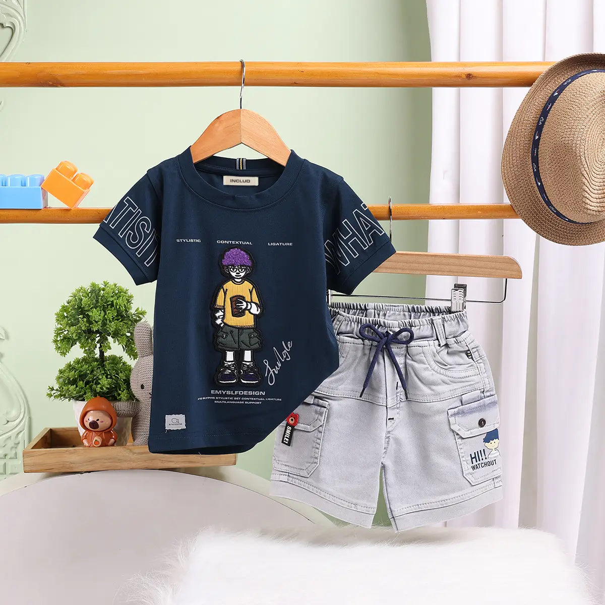 Boys Blue Graphics Short Sleeves T-Shirt With Cargo Shorts Set Sets Blue 9-12 M
