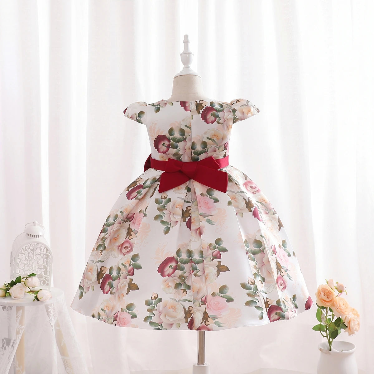 Girls Red Floral Printed Cap Sleeve Fit & Flare Party Wear Dress Party Dresses