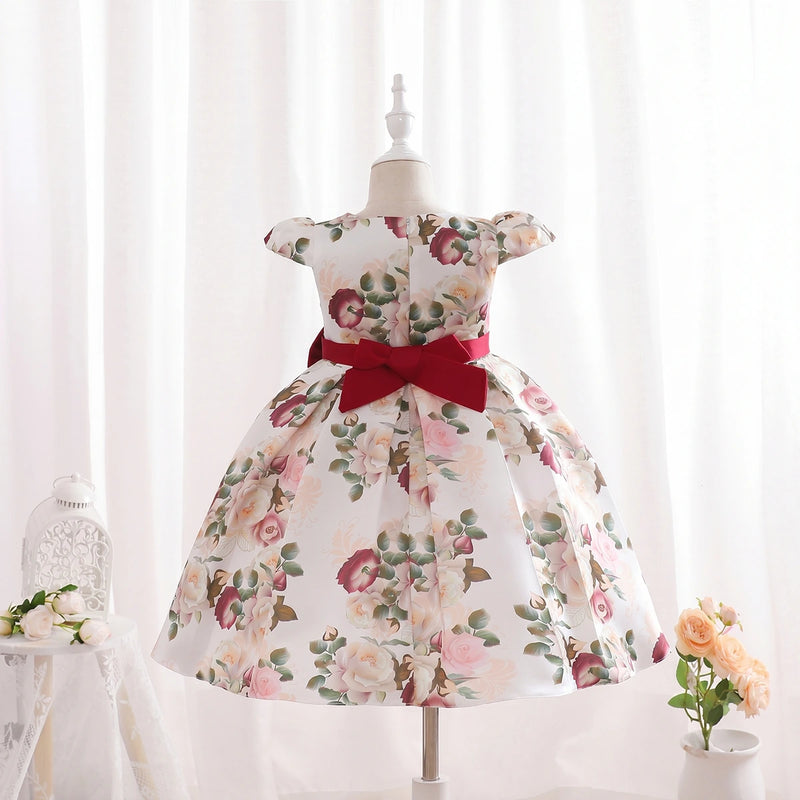 Girls Red Floral Printed Cap Sleeve Fit & Flare Party Wear Dress Party Dresses