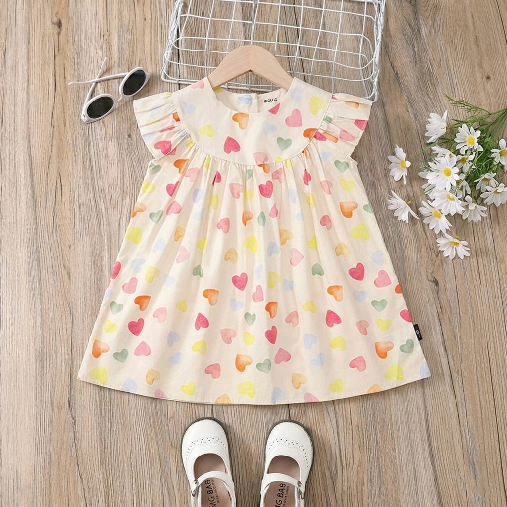 Girls Apricot Heart Printed Flutter Sleeve A-Line Dress Casual Dresses Apricot 2-3 Y