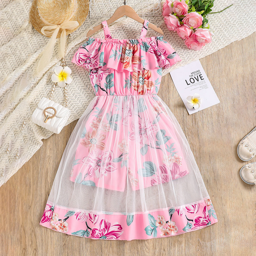 Girls Pink Off Shoulder Floral Print Jumpsuit Jumpsuits Pink 8-9 Y