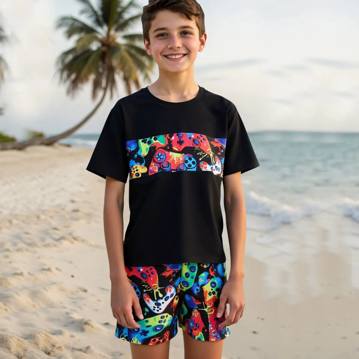 Boys Black Graphics Short Sleeves T-Shirt & Shorts Swimsuit Sets Sets