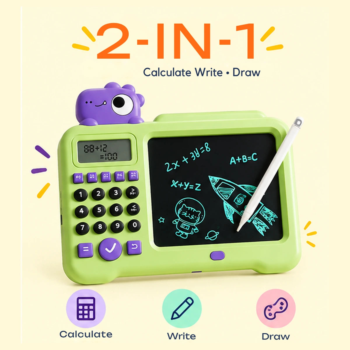2-in-1 Dinosaur Calculator & LCD Writing Tablet - Math Learning & Drawing Board with Stylus, Green Trending Accessories