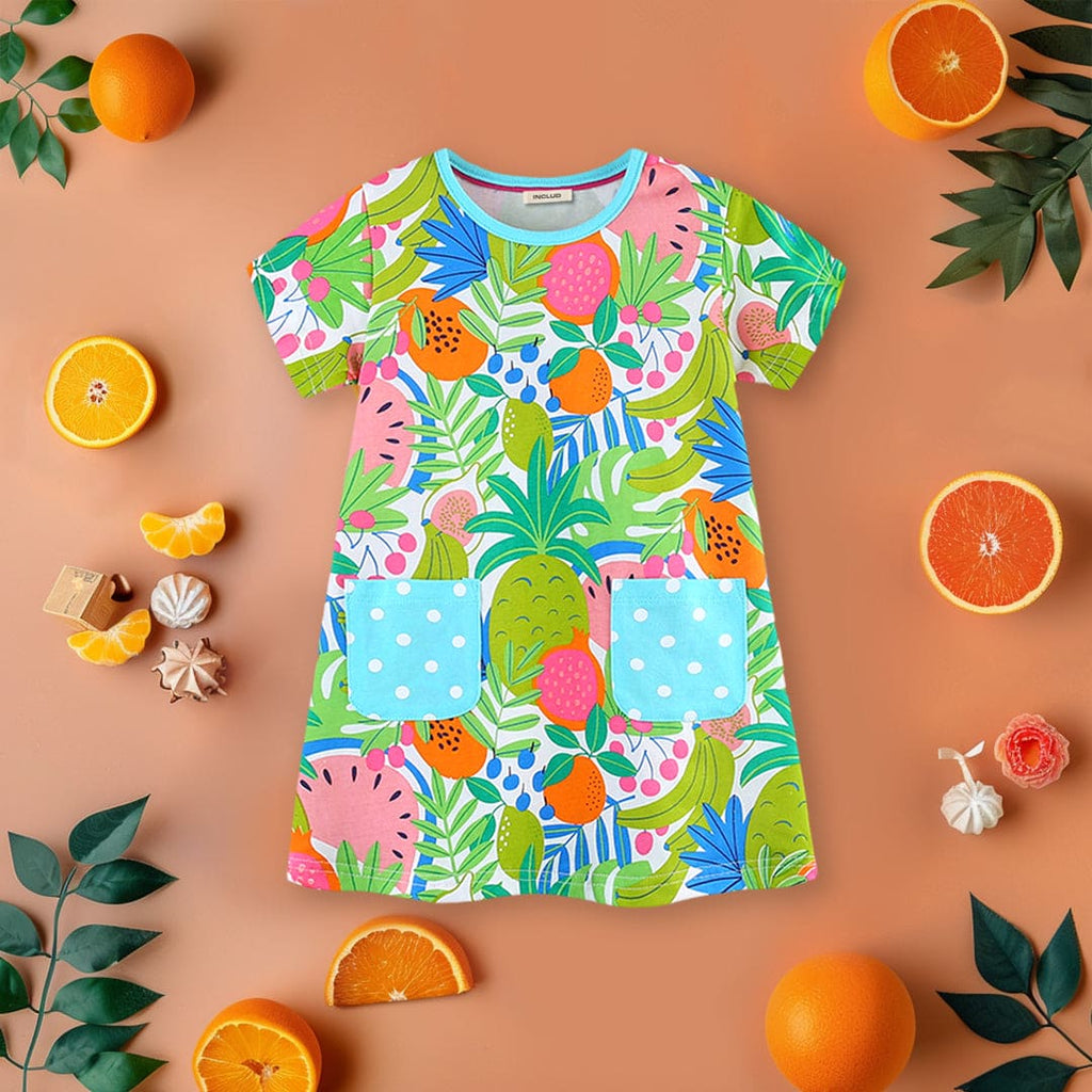 Girls Tropical Print A-Line T-Shirt Dress